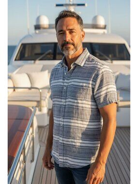 Black Brown 1826 Mens Size L Blue White 100% Linen Shirt Short Sleeves Classic